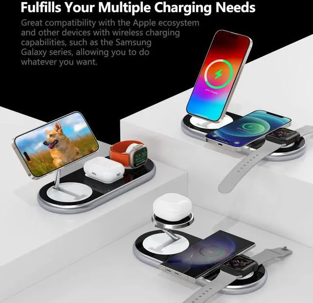 Alt view image 3 of 6 - 2025 Upgraded 3 in 1 Charging Station for Apple Devices, Fast Magnetic Mag-Safe Wireless Charger Stand for iPhone 16/15/14/13/12 Series & Apple Watch 1-10/Ultra & AirPods Pro (Silver)