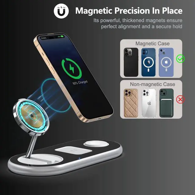 Alt view image 4 of 6 - 2025 Upgraded 3 in 1 Charging Station for Apple Devices, Fast Magnetic Mag-Safe Wireless Charger Stand for iPhone 16/15/14/13/12 Series & Apple Watch 1-10/Ultra & AirPods Pro (Silver)