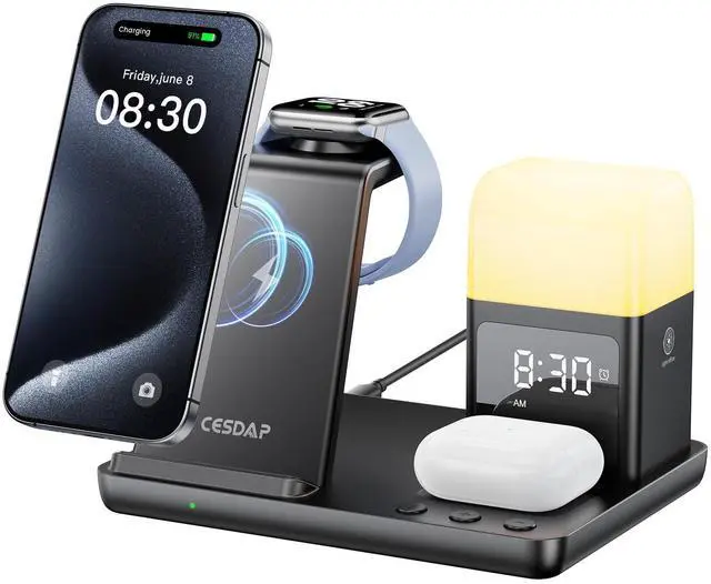 Main image of 6 in 1 Wireless Charging Station for Apple Charging Station for Multiple Devices with Alarm Clock and Night Light nightstand for iPhone 16 15 14 13 for Apple Watch Best Gift for Your Loved Ones