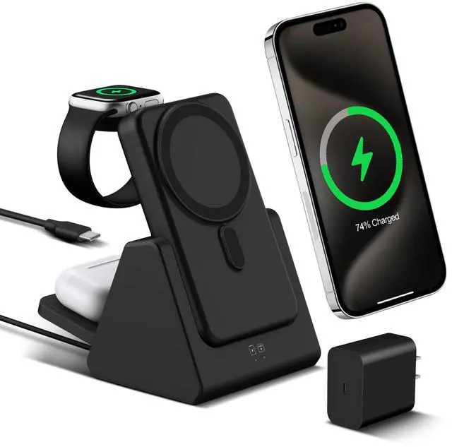Main image of 3-in-1 Wireless Charging Station: Portable 10000mAh Power Bank Charger Compatible for iPhone Air/17/16/15/14/13/12 Series and Apple Watch - Detachable Magnetic Charging Stand Black