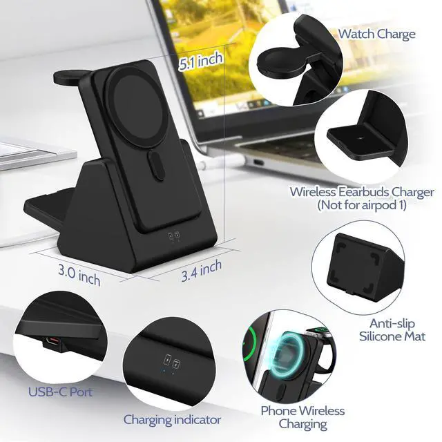 Alt view image 6 of 7 - 3-in-1 Wireless Charging Station: Portable 10000mAh Power Bank Charger Compatible for iPhone Air/17/16/15/14/13/12 Series and Apple Watch - Detachable Magnetic Charging Stand Black