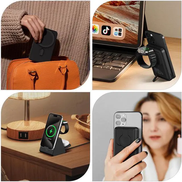 Alt view image 7 of 7 - 3-in-1 Wireless Charging Station: Portable 10000mAh Power Bank Charger Compatible for iPhone Air/17/16/15/14/13/12 Series and Apple Watch - Detachable Magnetic Charging Stand Black