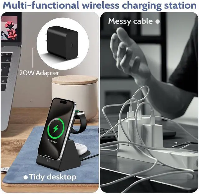 Alt view image 5 of 7 - 3-in-1 Wireless Charging Station: Portable 10000mAh Power Bank Charger Compatible for iPhone Air/17/16/15/14/13/12 Series and Apple Watch - Detachable Magnetic Charging Stand Black