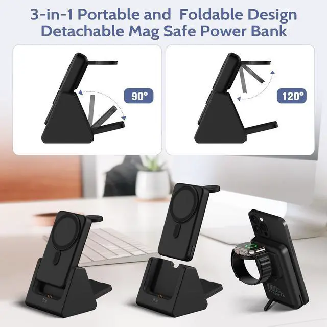 Alt view image 4 of 7 - 3-in-1 Wireless Charging Station: Portable 10000mAh Power Bank Charger Compatible for iPhone Air/17/16/15/14/13/12 Series and Apple Watch - Detachable Magnetic Charging Stand Black