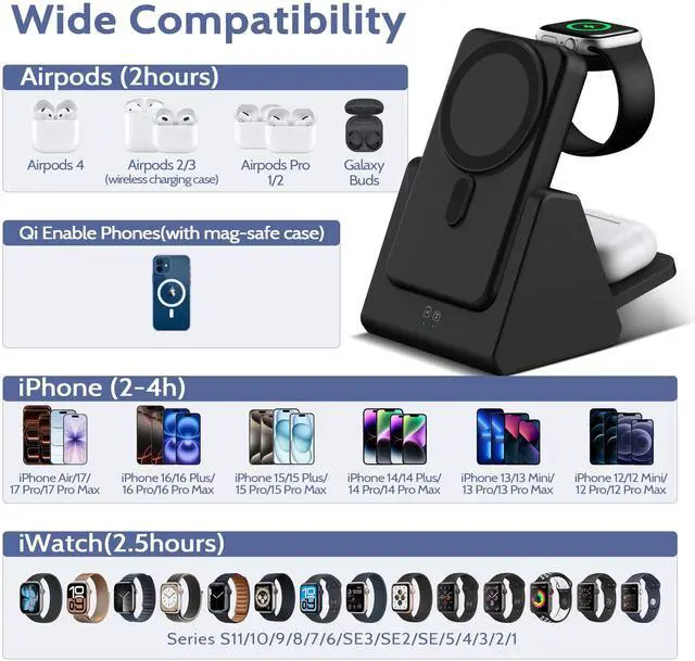 Alt view image 2 of 7 - 3-in-1 Wireless Charging Station: Portable 10000mAh Power Bank Charger Compatible for iPhone Air/17/16/15/14/13/12 Series and Apple Watch - Detachable Magnetic Charging Stand Black