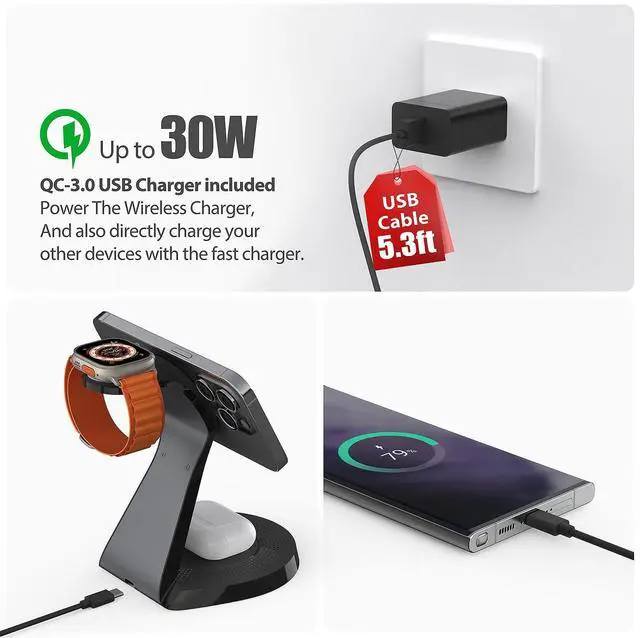 Alt view image 4 of 6 - 3 in 1 Charging Station for Apple Devices,Mag-Safe Charger Stand Fast Charging,Wireless Charger for iPhone 16/15/14/13/12 Series,& AirPods,& iWatch(USB-C Charger Included)