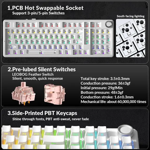 Alt view image 4 of 7 - F99 Pro Wireless Mechanical Keyboard-Silent Version,BT5.0/2.4GHz/USB-C Hot Swappable Custom Keyboard,Gasket Structure,Pre-lubed Linear Switches RGB Backlit Computer Gaming Keyboards,White