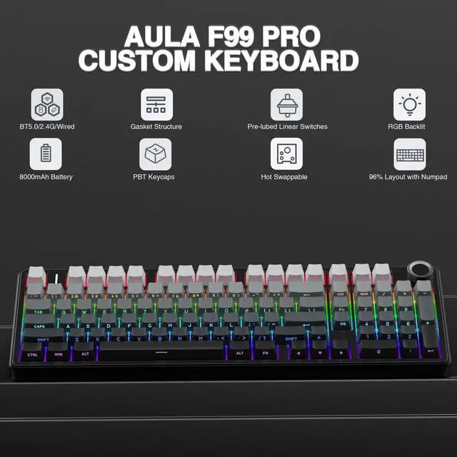 Alt view image 2 of 7 - F99 Pro Wireless Mechanical Keyboard with Knob,Gasket Structure,Tri-Mode BT5.0/USB-C/2.4GHz Hot Swappable Keyboard,Creamy Sound,RGB Backlit PBT Keycaps Computer Gaming Keyboards