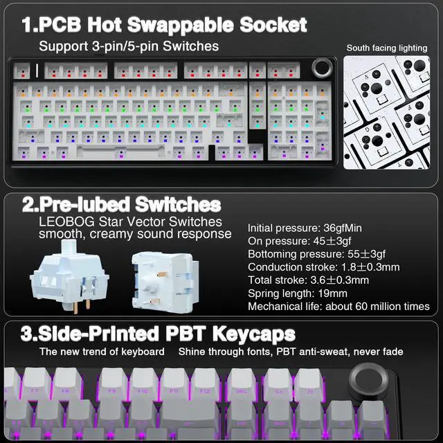 Alt view image 7 of 7 - F99 Pro Wireless Mechanical Keyboard with Knob,Gasket Structure,Tri-Mode BT5.0/USB-C/2.4GHz Hot Swappable Keyboard,Creamy Sound,RGB Backlit PBT Keycaps Computer Gaming Keyboards