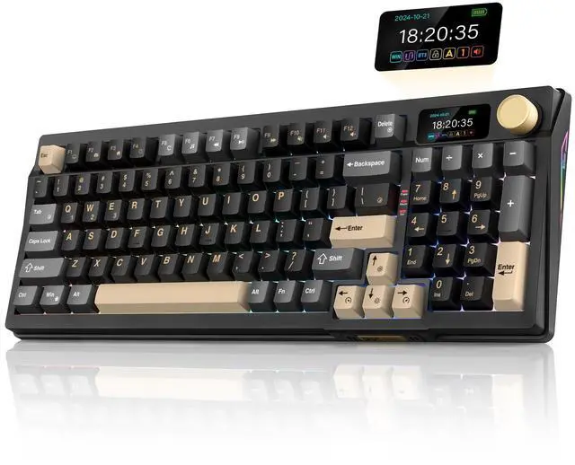 Main image of RedThunder K95 Wireless Mechanical Keyboard, TFT Screen & Knob, Tri-Mode BT5.0/2.4GHz/USB-C Hot Swappable Custom, Pre-lubed Linear Pink Switches, Gasket Structure, RGB Gaming Keyboard, Black-Gold