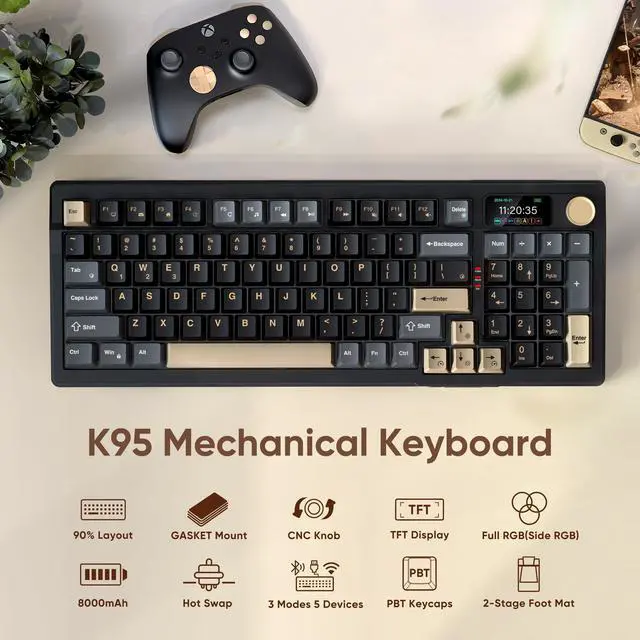 Alt view image 2 of 7 - RedThunder K95 Wireless Mechanical Keyboard, TFT Screen & Knob, Tri-Mode BT5.0/2.4GHz/USB-C Hot Swappable Custom, Pre-lubed Linear Pink Switches, Gasket Structure, RGB Gaming Keyboard, Black-Gold