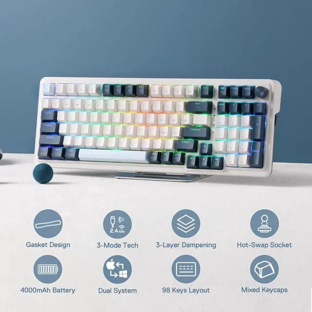 Alt view image 2 of 7 - K686 PRO 98 Keys Wireless Gasket RGB Gaming Keyboard, 3-Mode Win/Mac Mechanical Keyboard w/5-Layer Noise Dampening, Dedicated Knob Control & Hot-Swap in Linear Red Switch, Blue Himmel Color