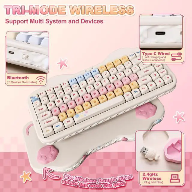 Alt view image 2 of 7 - C75 Wireless Mechanical Keyboard,75% Layout, Hot-Swappable NKRO,BT5.0/2.4G/USB-C Mode,Dye-Sub PBT MOA Keycaps,RGB Gasket Mount,Cute Cake Design for Mac/Win/Gaming (Beige, Candy Switch)