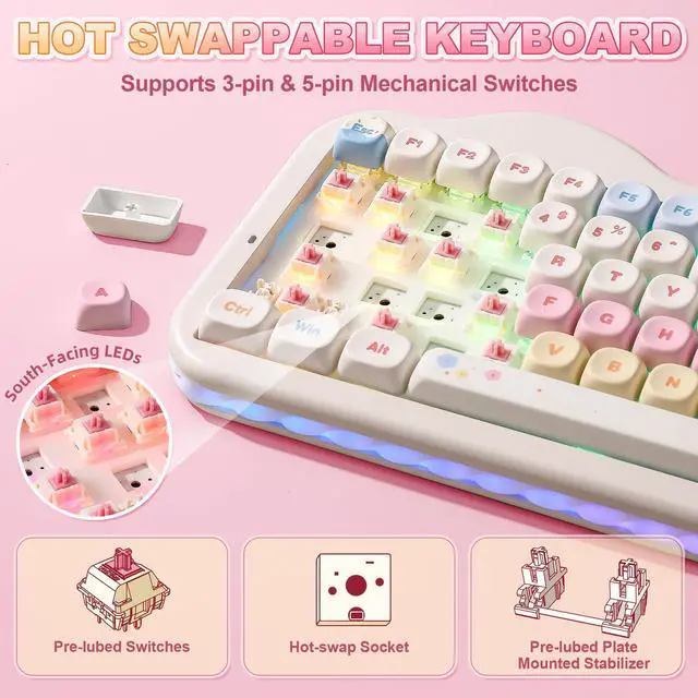 Alt view image 4 of 7 - C75 Wireless Mechanical Keyboard,75% Layout, Hot-Swappable NKRO,BT5.0/2.4G/USB-C Mode,Dye-Sub PBT MOA Keycaps,RGB Gasket Mount,Cute Cake Design for Mac/Win/Gaming (Beige, Candy Switch)