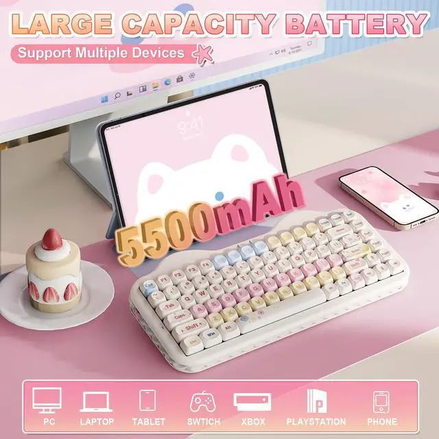Alt view image 5 of 7 - C75 Wireless Mechanical Keyboard,75% Layout, Hot-Swappable NKRO,BT5.0/2.4G/USB-C Mode,Dye-Sub PBT MOA Keycaps,RGB Gasket Mount,Cute Cake Design for Mac/Win/Gaming (Beige, Candy Switch)