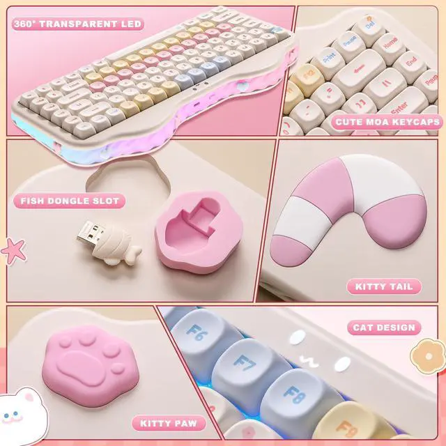 Alt view image 7 of 7 - C75 Wireless Mechanical Keyboard,75% Layout, Hot-Swappable NKRO,BT5.0/2.4G/USB-C Mode,Dye-Sub PBT MOA Keycaps,RGB Gasket Mount,Cute Cake Design for Mac/Win/Gaming (Beige, Candy Switch)