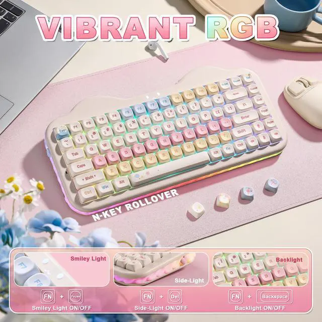 Alt view image 6 of 7 - C75 Wireless Mechanical Keyboard,75% Layout, Hot-Swappable NKRO,BT5.0/2.4G/USB-C Mode,Dye-Sub PBT MOA Keycaps,RGB Gasket Mount,Cute Cake Design for Mac/Win/Gaming (Beige, Candy Switch)