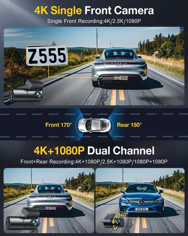 Alt view image 3 of 7 - Dash Cam Front and Rear Camera,4K+1080P, 5.8GHz WiFi & GPS Dash Camera for Cars,with 64G SDcard,1.47" Display Dashcam, 24HParking Mode,App Control,Super Night Vision,WDR,Support Max 256GB