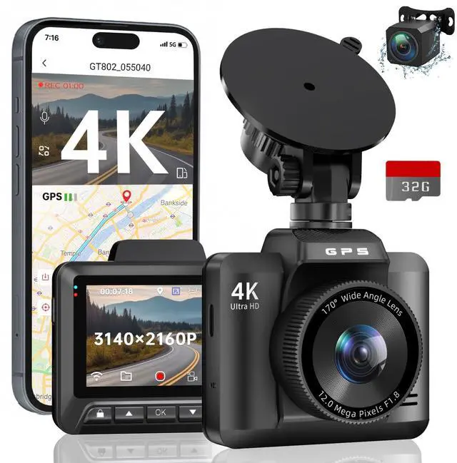 Main image of Dash Cam Front and Rear,  4K+1080P Dual Dash Camera for Cars, Built-in WiFi GPS Dashboard Camera, 2.4" IPS Screen Dashcam, 170° Wide, Night Vision, WDR, G-Sensor, 32GB SD Card Included