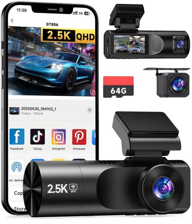 Main image of Dash Cam Front and Rear, 2.5K+1080P+1080P 3 Channel Dash Cam with 64GB Card, Wi-Fi Dash Camera for Cars, G-Sensor, Night Vision, 24H Parking, Loop Recording Dashcam, 1.97IPS, Support 256GB