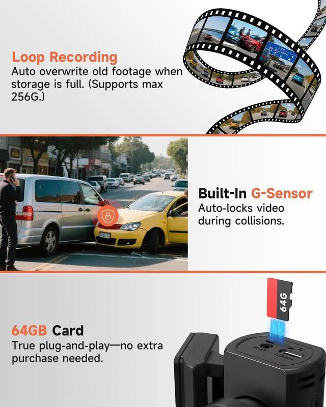 Alt view image 4 of 7 - Dash Cam Front and Rear, 2.5K+1080P+1080P 3 Channel Dash Cam with 64GB Card, Wi-Fi Dash Camera for Cars, G-Sensor, Night Vision, 24H Parking, Loop Recording Dashcam, 1.97IPS, Support 256GB