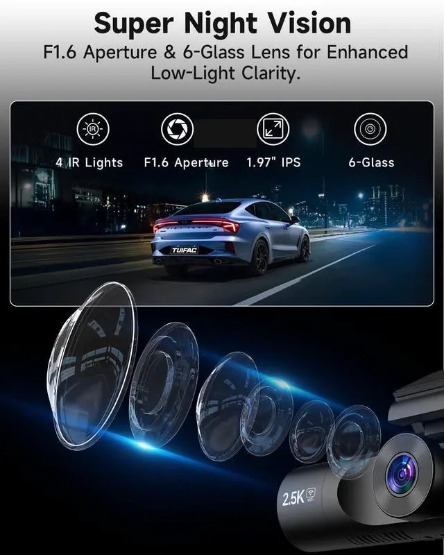 Alt view image 5 of 7 - Dash Cam Front and Rear, 2.5K+1080P+1080P 3 Channel Dash Cam with 64GB Card, Wi-Fi Dash Camera for Cars, G-Sensor, Night Vision, 24H Parking, Loop Recording Dashcam, 1.97IPS, Support 256GB
