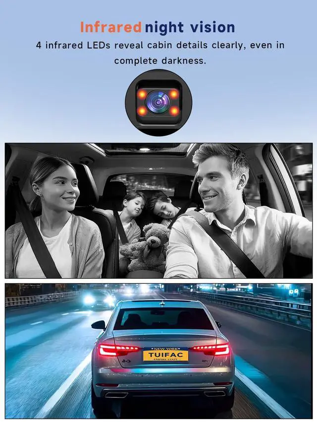 Alt view image 4 of 7 - Dash Cam Front and Inside, 2.5K+1080P Dual Camera for Cars, Hidden Car Camera Front and Interior with Super Night Vision, 4 IR LEDs, G-Sensor, 24H Parking Mode, Loop Recording, 32GB Card Included