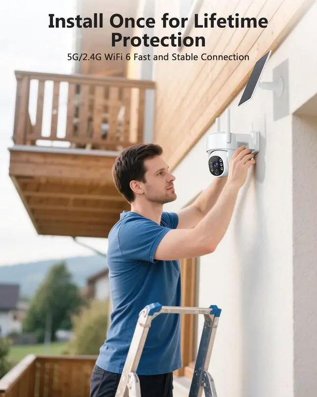 Alt view image 2 of 7 - Solar Security Cameras Wireless Outdoor, 5G&2.4GHz WiFi Cameras for Home Security, 2K PTZ Battery Powered Outside Cam, 2 Way Talk, Color Night Vision, Human Detection for Porch/Garage/Yard, 2 Packs