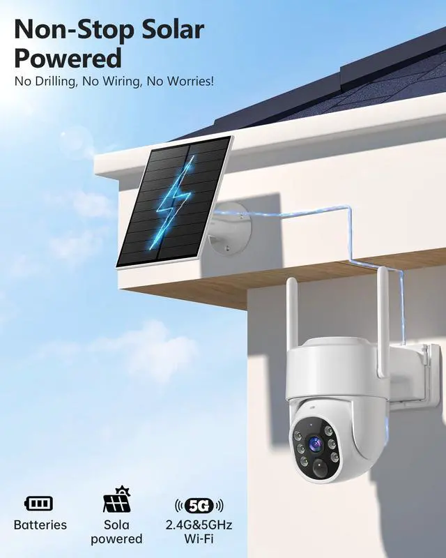 Alt view image 3 of 7 - Solar Security Cameras Wireless Outdoor, 5G&2.4GHz WiFi Cameras for Home Security, 2K PTZ Battery Powered Outside Cam, 2 Way Talk, Color Night Vision, Human Detection for Porch/Garage/Yard, 2 Packs