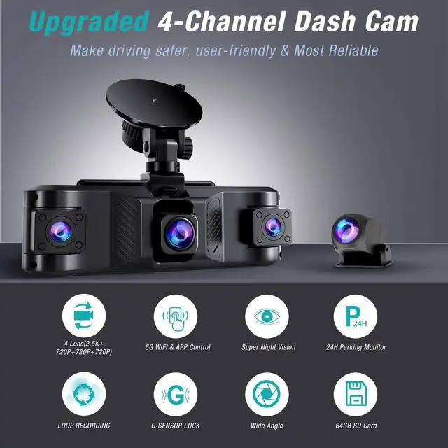 Alt view image 2 of 7 - 4 Channel 2.5K Dash Cam Front Rear Left Right, 170° Wide Angle Car Dash Camera with 5GHz WiFi & App Control, G-Sensor, Super Night Vision, 24H Parking Monitor, Loop Recording, 64GB SD Card Included