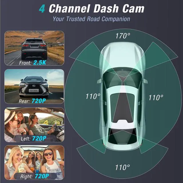 Alt view image 3 of 7 - 4 Channel 2.5K Dash Cam Front Rear Left Right, 170° Wide Angle Car Dash Camera with 5GHz WiFi & App Control, G-Sensor, Super Night Vision, 24H Parking Monitor, Loop Recording, 64GB SD Card Included
