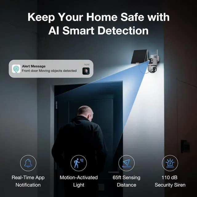 Alt view image 7 of 7 - Dual Lens Solar Security Cameras Wireless Outdoor, 2K Full HD Video, 360° View Pan/Tilt Home Security Camera with Color Night Vision, Easy to Install, PIR Alarm, 2.4GHz WiFi