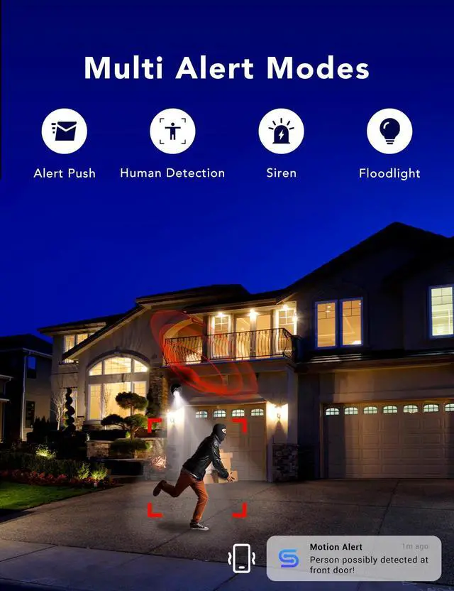 Alt view image 6 of 6 - 2K Security Camera, Outdoor/Indoor for Home, Pet, Baby, Nanny, IP65 Wterproof Color Night Vision, White Light & Siren, Recording, Motion Detection, Compatible with Alexa,Black-4P