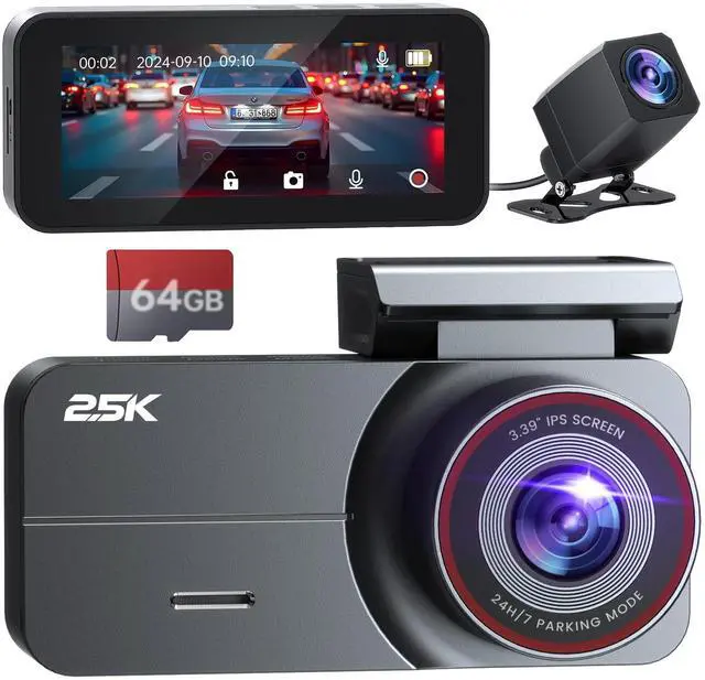 Main image of Dash Cam Front and Rear, 2.5K /1080P QHD Dual Dash Camera for Cars, Super Night Vision Dashcam, Loop Recording, 3.39 IPS, 64GB Card Included, 160° Wide Angle, Parking Mode - Black Pro