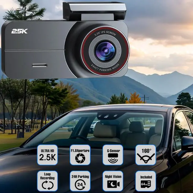 Alt view image 7 of 7 - Dash Cam Front and Rear, 2.5K /1080P QHD Dual Dash Camera for Cars, Super Night Vision Dashcam, Loop Recording, 3.39 IPS, 64GB Card Included, 160° Wide Angle, Parking Mode - Black Pro