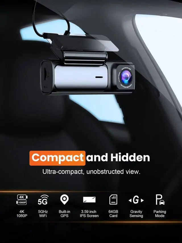 Alt view image 2 of 7 - 4K Dash Cam Front and Rear, Built-in 5G WiFi GPS, 64GB Card Included, 3.59'' IPS Screen Dash Camera for Cars, Dual Dashcam with G-Sensor, Loop Recording, WDR, Night Vision, 24H Parking Monitor