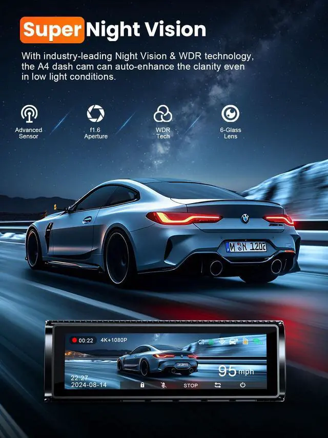 Alt view image 7 of 7 - 4K Dash Cam Front and Rear, Built-in 5G WiFi GPS, 64GB Card Included, 3.59'' IPS Screen Dash Camera for Cars, Dual Dashcam with G-Sensor, Loop Recording, WDR, Night Vision, 24H Parking Monitor