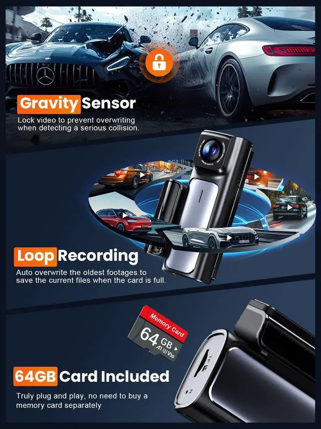 Alt view image 6 of 7 - 4K Dash Cam Front and Rear, Built-in 5G WiFi GPS, 64GB Card Included, 3.59'' IPS Screen Dash Camera for Cars, Dual Dashcam with G-Sensor, Loop Recording, WDR, Night Vision, 24H Parking Monitor