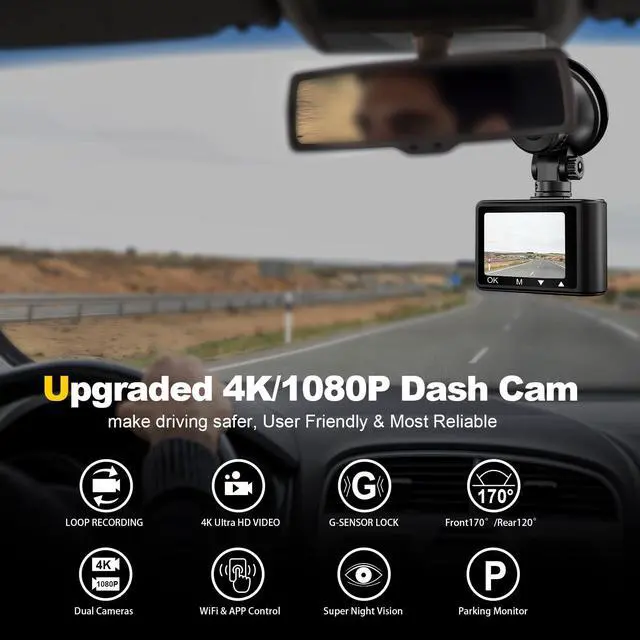 Alt view image 2 of 7 - Dash Camera, 4K/1080p Dash Camera Front and Rear, Built-in 5GWiFi, Dash Cam with 64GB SD Card, Full HD 2.0 IPS Screen, for App Control, G-Sensor, Loop Recording, and Parking Mode