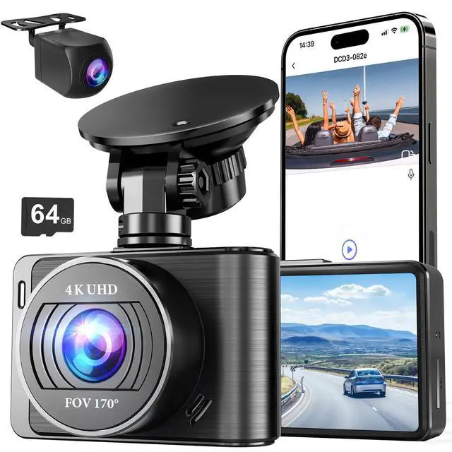 Main image of Dash Camera, 4K/1080p Dash Camera Front and Rear, Built-in 5GWiFi, Dash Cam with 64GB SD Card, Full HD 2.0 IPS Screen, for App Control, G-Sensor, Loop Recording, and Parking Mode