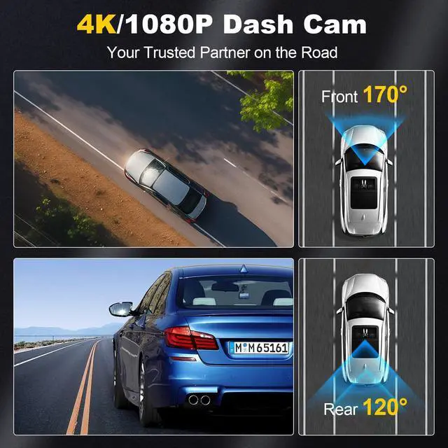 Alt view image 3 of 7 - Dash Camera, 4K/1080p Dash Camera Front and Rear, Built-in 5GWiFi, Dash Cam with 64GB SD Card, Full HD 2.0 IPS Screen, for App Control, G-Sensor, Loop Recording, and Parking Mode