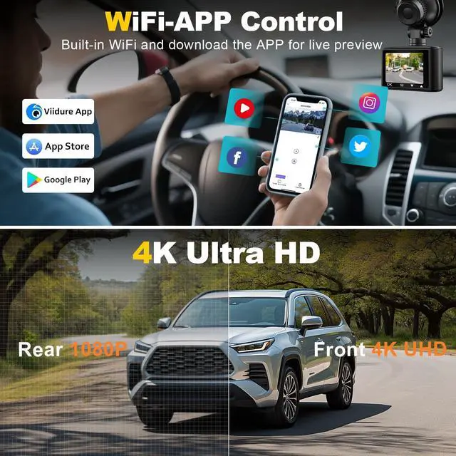 Alt view image 7 of 7 - Dash Camera, 4K/1080p Dash Camera Front and Rear, Built-in 5GWiFi, Dash Cam with 64GB SD Card, Full HD 2.0 IPS Screen, for App Control, G-Sensor, Loop Recording, and Parking Mode