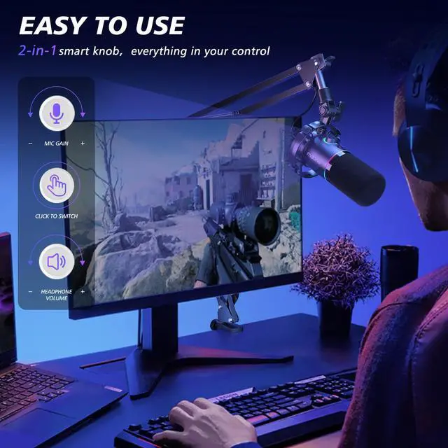 Alt view image 4 of 7 - XLR/USB Dynamic Microphone Kit, RGB Podcast Mic with Software, Mute, Gain Knob, Volume Control, Boom Arm for Streaming, Gaming, Voice-Over, Recording-PD200XS Black