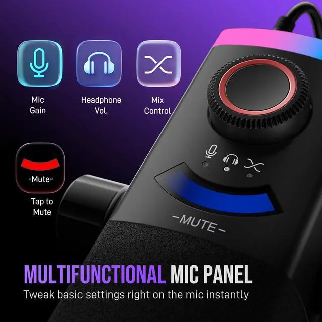 Alt view image 6 of 7 - Gaming Microphone Kit, XLR/USB Dynamic PC Microphone with Boom Arm for Podcast Recording, RGB Streaming Mic Set, Tap-to-Mute, Mix Control, Headphone Jack-AmpliGame AM8PROT