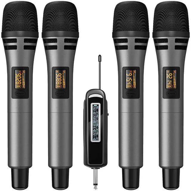 Main image of Wireless Microphones, 4 UHF Karaoke Microphone System, Microfonos Inalambricos with Rechargeable Receiver, Cordless Dynamic Mics Set for Singing, Wedding, Party, 60 m/200ft TW361, 4 Mics Grey
