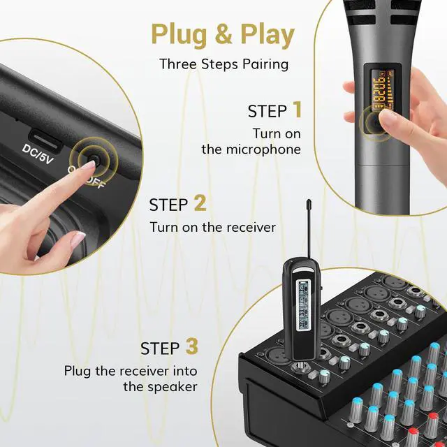 Alt view image 5 of 7 - Wireless Microphones, 4 UHF Karaoke Microphone System, Microfonos Inalambricos with Rechargeable Receiver, Cordless Dynamic Mics Set for Singing, Wedding, Party, 60 m/200ft TW361, 4 Mics Grey