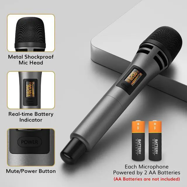 Alt view image 4 of 7 - Wireless Microphones, 4 UHF Karaoke Microphone System, Microfonos Inalambricos with Rechargeable Receiver, Cordless Dynamic Mics Set for Singing, Wedding, Party, 60 m/200ft TW361, 4 Mics Grey