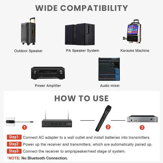 Alt view image 7 of 7 - Wireless Microphone System, 4-Channel VHF Wireless Microphone Set with 2 Handhelds/2 Bodypacks/2 Lapels/ 2 Headset, Metal Receiver, Suitable for Church, Meeting, Conference(PTV-2000-2H2B)