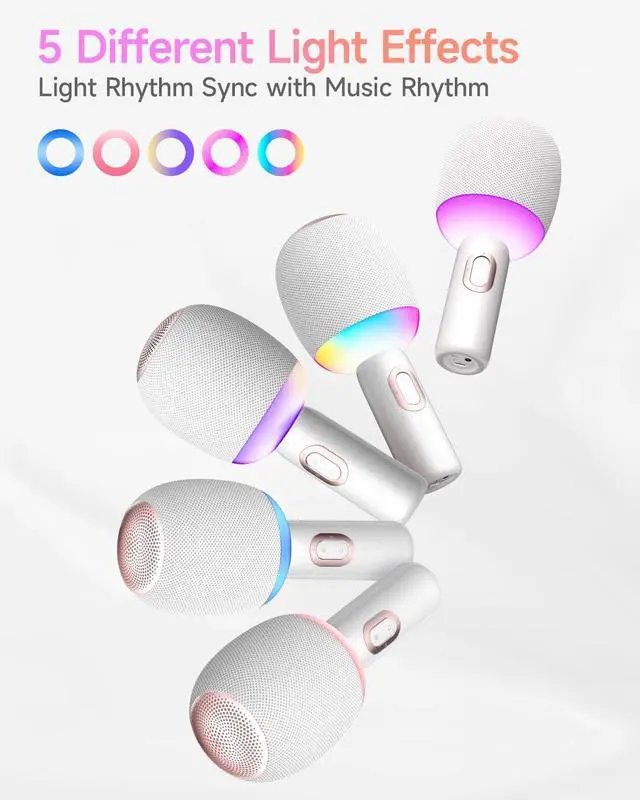 Alt view image 2 of 7 - Wireless Bluetooth karaoke Microphone, 5-in-1 Portable Handheld Microphone for iPhone, Karaoke Microfono with Dynamic Lights for Car / Home Party, Music Record, Duet Singing Mic for Kids Adults-White