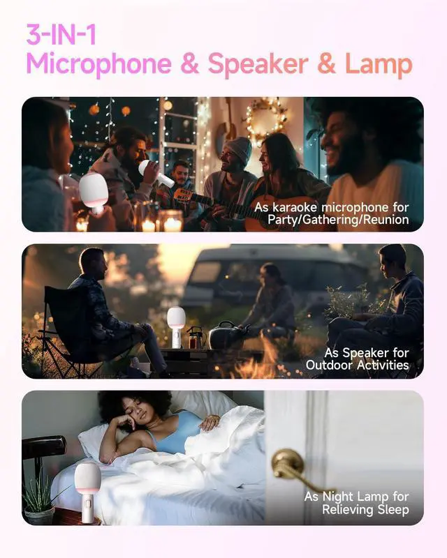 Alt view image 5 of 7 - Wireless Bluetooth karaoke Microphone, 5-in-1 Portable Handheld Microphone for iPhone, Karaoke Microfono with Dynamic Lights for Car / Home Party, Music Record, Duet Singing Mic for Kids Adults-White